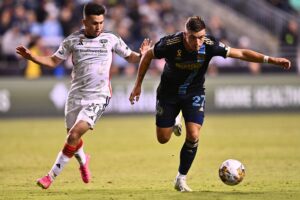 Sep 27, 2023; Philadelphia, Pennsylvania, USA; Philadelphia Union defender Kai Wagner (27) kicks the ball past FC Dallas forward Alan Velasco (20) during the second half at Subaru Park.
