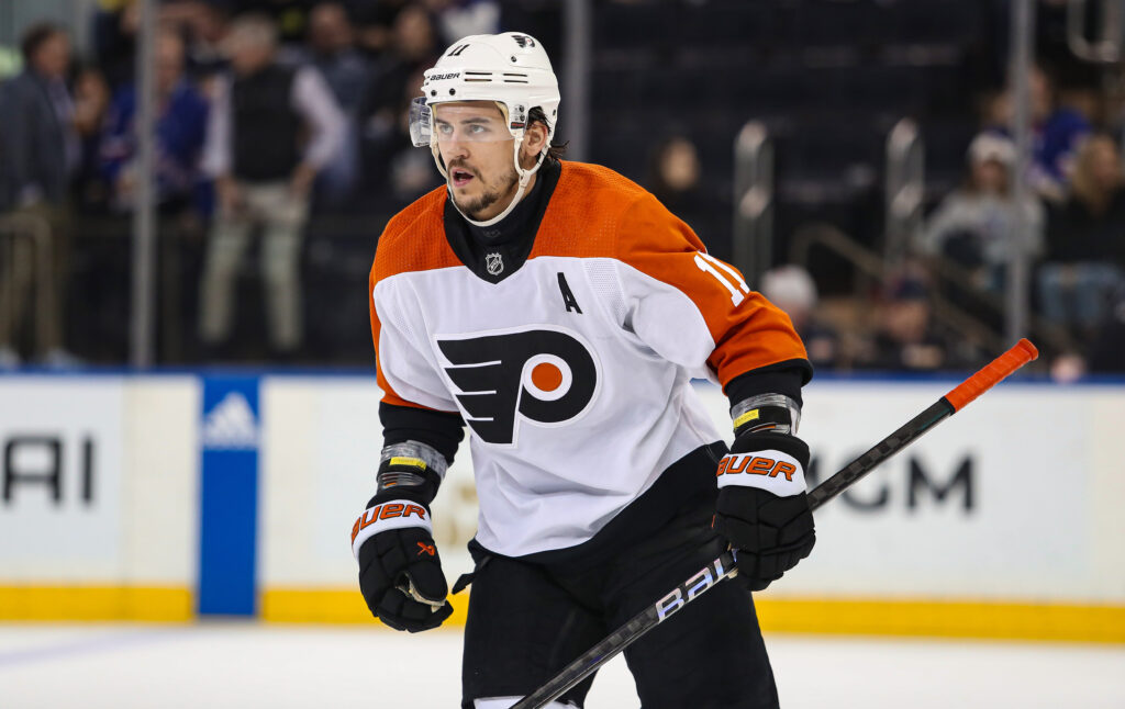 Apr 11, 2024; New York, New York, USA; Philadelphia Flyers center Travis Konecny (11) celebrates his goal against the New York Rangers during the second period at Madison Square Garden.