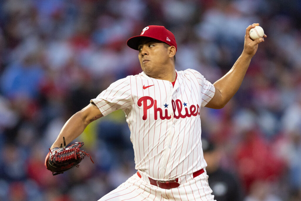 May 15, 2024; Philadelphia, Pennsylvania, USA; Philadelphia Phillies pitcher Ranger Suarez (55) throws a pitch against the New York Mets at Citizens Bank Park. Mandatory Credit:
