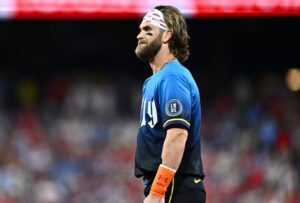 Jun 21, 2024; Philadelphia, Pennsylvania, USA; Philadelphia Phillies first baseman Bryce Harper (3) looks on against the Arizona Diamondbacks after the seventh inning at Citizens Bank Park.