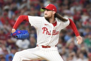 Jul 10, 2024; Philadelphia, Pennsylvania, USA; Philadelphia Phillies pitcher Matt Strahm (25) throws a pitch during the seventh inning against the Los Angeles Dodgers at Citizens Bank Park.