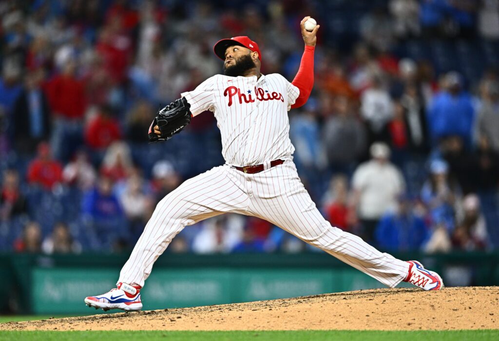 Apr 20, 2024; Philadelphia, Pennsylvania, USA; Philadelphia Phillies relief pitcher Jose Alvarado (46) throws a pitch against the Chicago White Sox in the ninth inning at Citizens Bank Park.