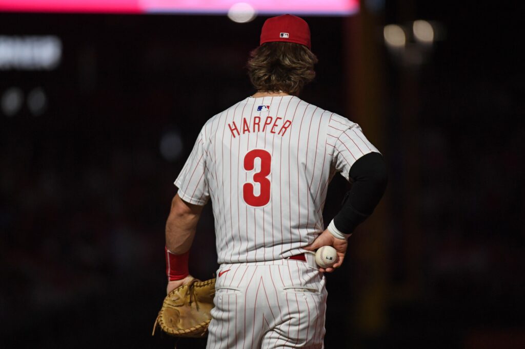 Aug 31, 2024; Philadelphia, Pennsylvania, USA; Philadelphia Phillies first base Bryce Harper (3) on the field before the ninth inning against the Atlanta Braves at Citizens Bank Park.