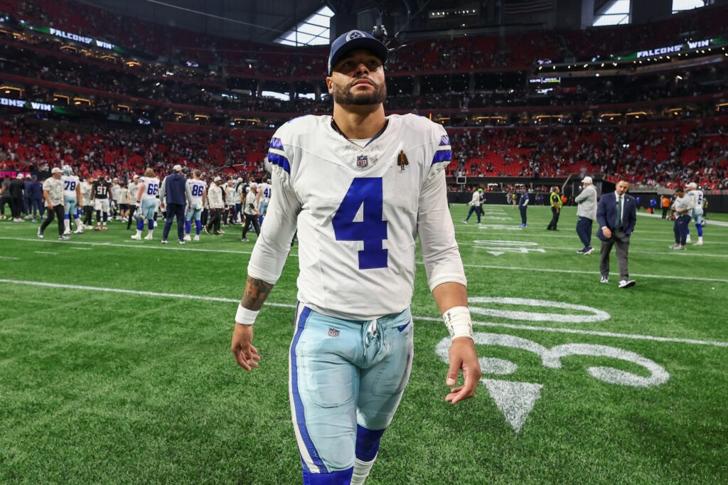 Nov 3, 2024; Atlanta, Georgia, USA; Dallas Cowboys quarterback Dak Prescott (4) walks off the field after a game against the Atlanta Falcons at Mercedes-Benz Stadium.