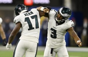 Nov 24, 2024; Inglewood, California, USA; Philadelphia Eagles linebacker Nolan Smith Jr. (3) celebrates with linebacker Nakobe Dean (17) after Dean sacks Los Angeles Rams quarterback Matthew Stafford (not pictured) during the first half at SoFi Stadium.