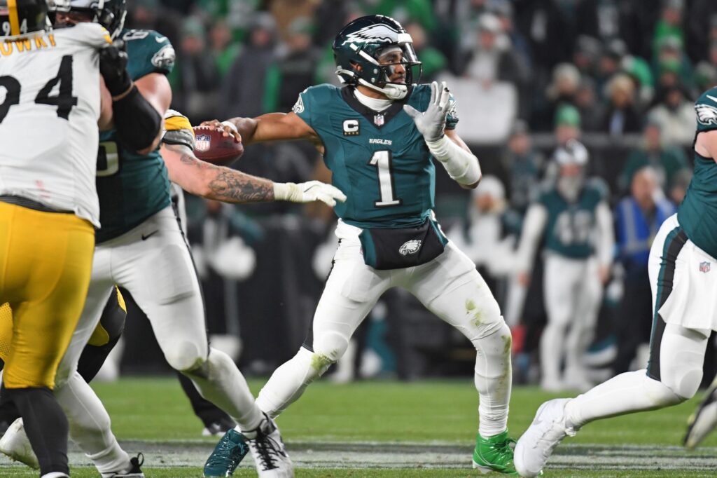 Dec 15, 2024; Philadelphia, Pennsylvania, USA; Philadelphia Eagles quarterback Jalen Hurts (1) throws a pass during the fourth quarter against the Pittsburgh Steelers at Lincoln Financial Field.