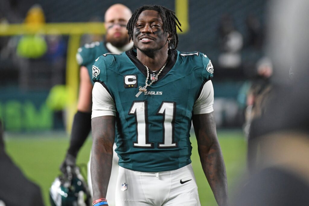 Dec 15, 2024; Philadelphia, Pennsylvania, USA; Philadelphia Eagles wide receiver A.J. Brown (11) smiles as he walks off the field after win against the Pittsburgh Steelers at Lincoln Financial Field.