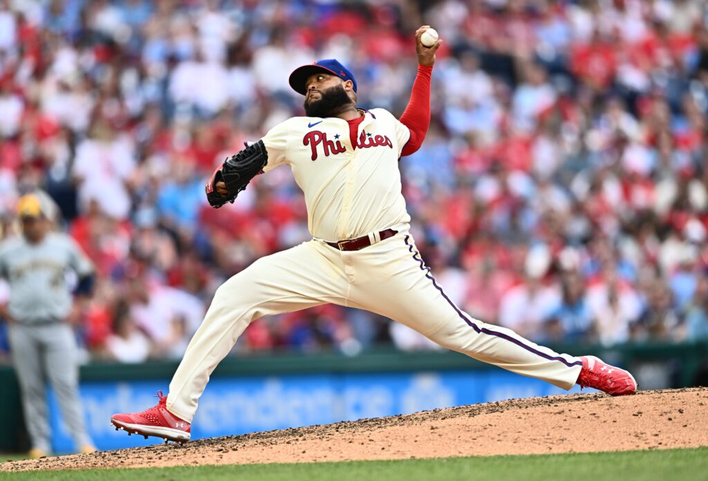 Jun 5, 2024; Philadelphia, Pennsylvania, USA; Philadelphia Phillies relief pitcher Jose Alvarado (46) throws a pitch against the Milwaukee Brewers in the ninth inning at Citizens Bank Park.