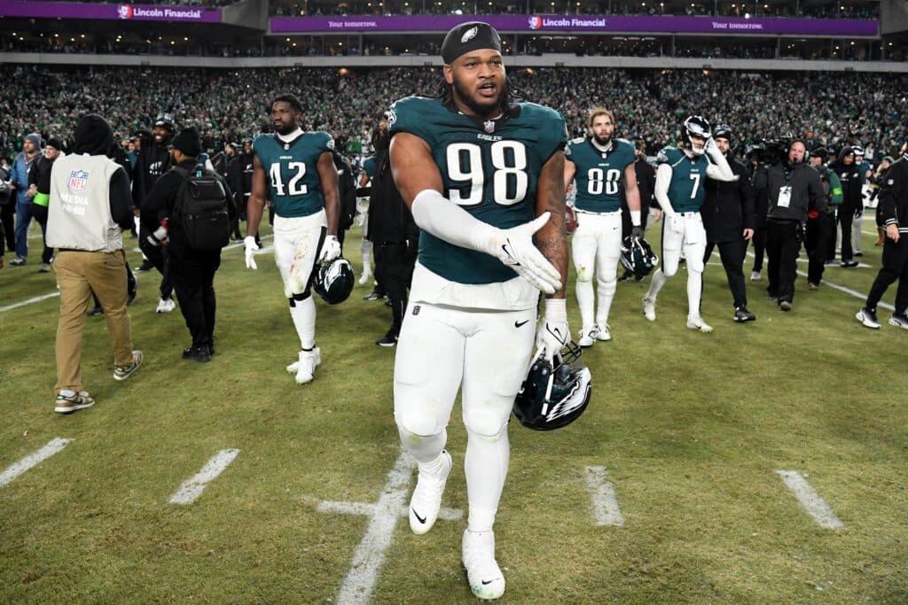 Jan 26, 2025; Philadelphia, PA, USA; Philadelphia Eagles defensive tackle Jalen Carter (98) on the field after defeating the Washington Commanders in the NFC Championship game at Lincoln Financial Field.