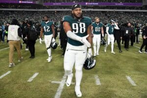 Jan 26, 2025; Philadelphia, PA, USA; Philadelphia Eagles defensive tackle Jalen Carter (98) on the field after defeating the Washington Commanders in the NFC Championship game at Lincoln Financial Field.