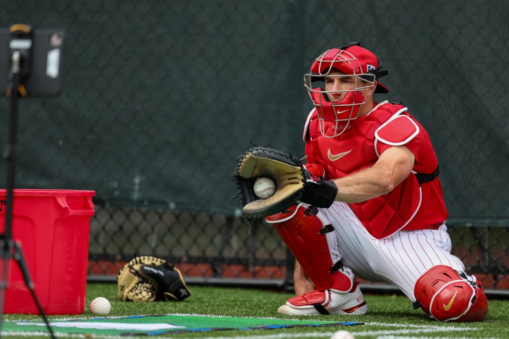 Feb 16, 2025; Clearwater, FL, USA; Philadelphia Phillies catcher J.T. Realmuto (10) participates in spring training workouts at BayCare Ballpark.