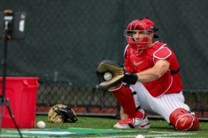 Feb 16, 2025; Clearwater, FL, USA; Philadelphia Phillies catcher J.T. Realmuto (10) participates in spring training workouts at BayCare Ballpark.