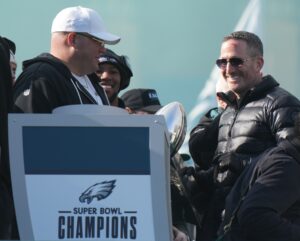 Feb 14, 2025; Philadelphia, PA, USA; Philadelphia Eagles general manager Howie Roseman with the Vince Lombardi Trophy during the Super Bowl LIX championship parade and rally.