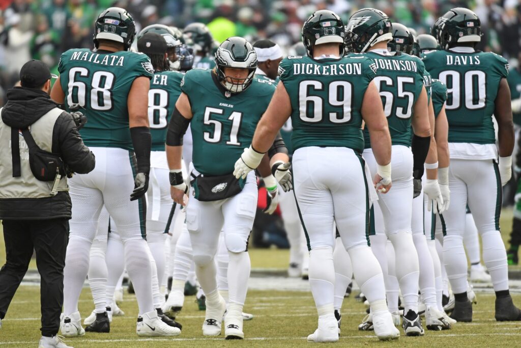 Jan 26, 2025; Philadelphia, PA, USA; Philadelphia Eagles center Cam Jurgens (51) during the player introductions against the Washington Commanders in the NFC Championship game at Lincoln Financial Field.
