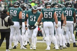 Jan 26, 2025; Philadelphia, PA, USA; Philadelphia Eagles center Cam Jurgens (51) during the player introductions against the Washington Commanders in the NFC Championship game at Lincoln Financial Field.