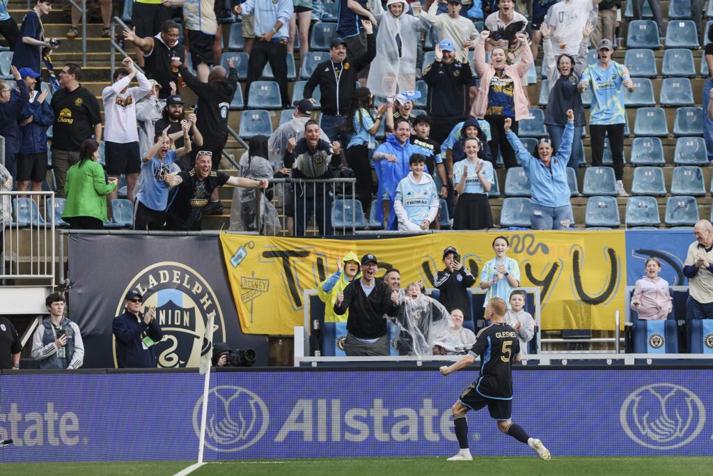 Apr 26, 2025; Chester, Pennsylvania, USA; Philadelphia Union defender Jakob Glesnes (5) celebrates after scoring a goal against D.C. United during the first half at Subaru Park.