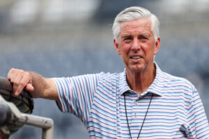 May 7, 2025; Tampa, Florida, USA; Philadelphia Phillies president of baseball operations David Dombrowski looks on during batting practice before a game against the Tampa Bay Rays at George M. Steinbrenner Field.