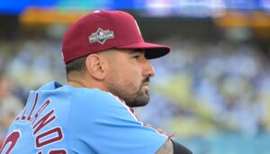 Oct 8, 2025; Los Angeles, California, USA; Philadelphia Phillies right fielder Nick Castellanos (8) looks on before the game against the Los Angeles Dodgers during game three of the NLDS round for the 2025 MLB playoffs at Dodger Stadium.