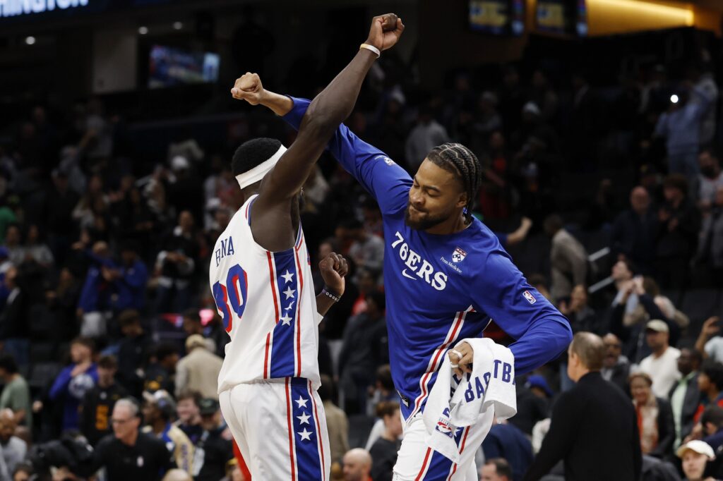 Oct 28, 2025; Washington, District of Columbia, USA; Philadelphia 76ers players celebrate after their game against the Washington Wizards at Capital One Arena.