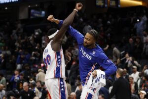 Oct 28, 2025; Washington, District of Columbia, USA; Philadelphia 76ers players celebrate after their game against the Washington Wizards at Capital One Arena.