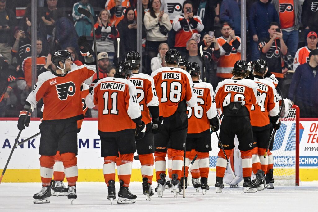 Oct 30, 2025; Philadelphia, Pennsylvania, USA; Philadelphia Flyers celebrate win against the Nashville Predators at Xfinity Mobile Arena.