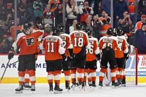 Oct 30, 2025; Philadelphia, Pennsylvania, USA; Philadelphia Flyers celebrate win against the Nashville Predators at Xfinity Mobile Arena.