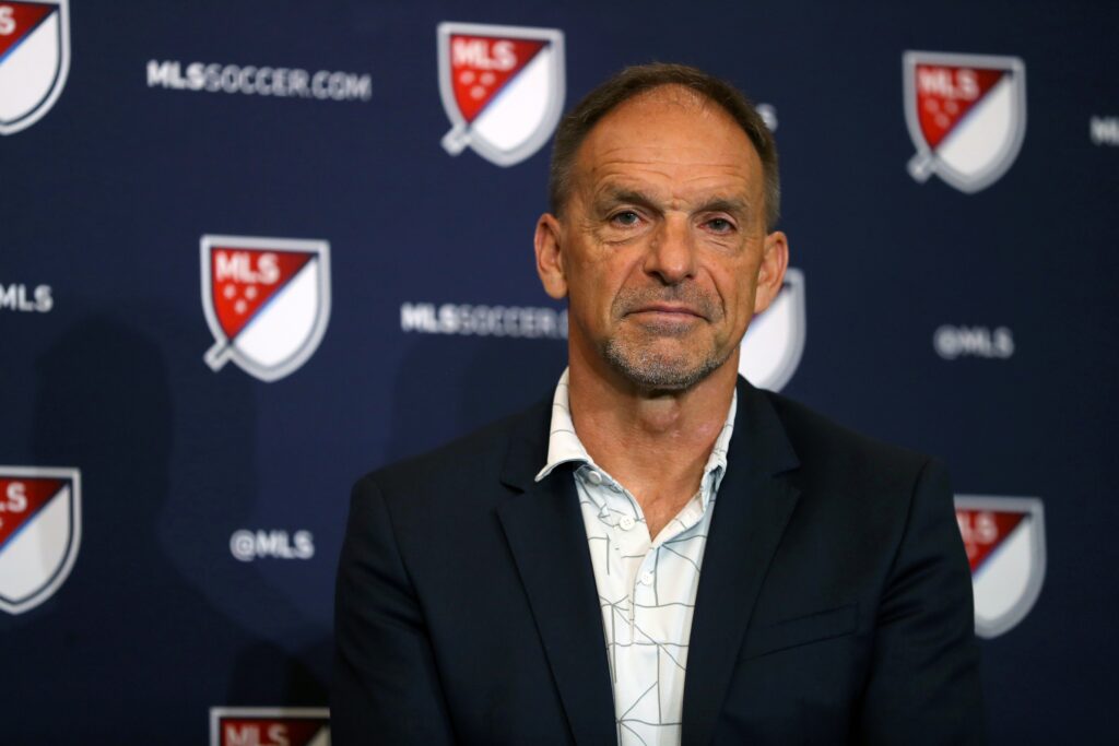 Jul 24, 2024; Columbus, Ohio, USA; Philadelphia Union sporting director Ernst Tanner speaks to media members about league rule changes at the Hilton Hotel.