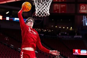 Feb 13, 2025; Lincoln, Nebraska, USA; Nebraska Cornhuskers guard Gavin Griffiths (12) warms up before the game against the Maryland Terrapins at Pinnacle Bank Arena.