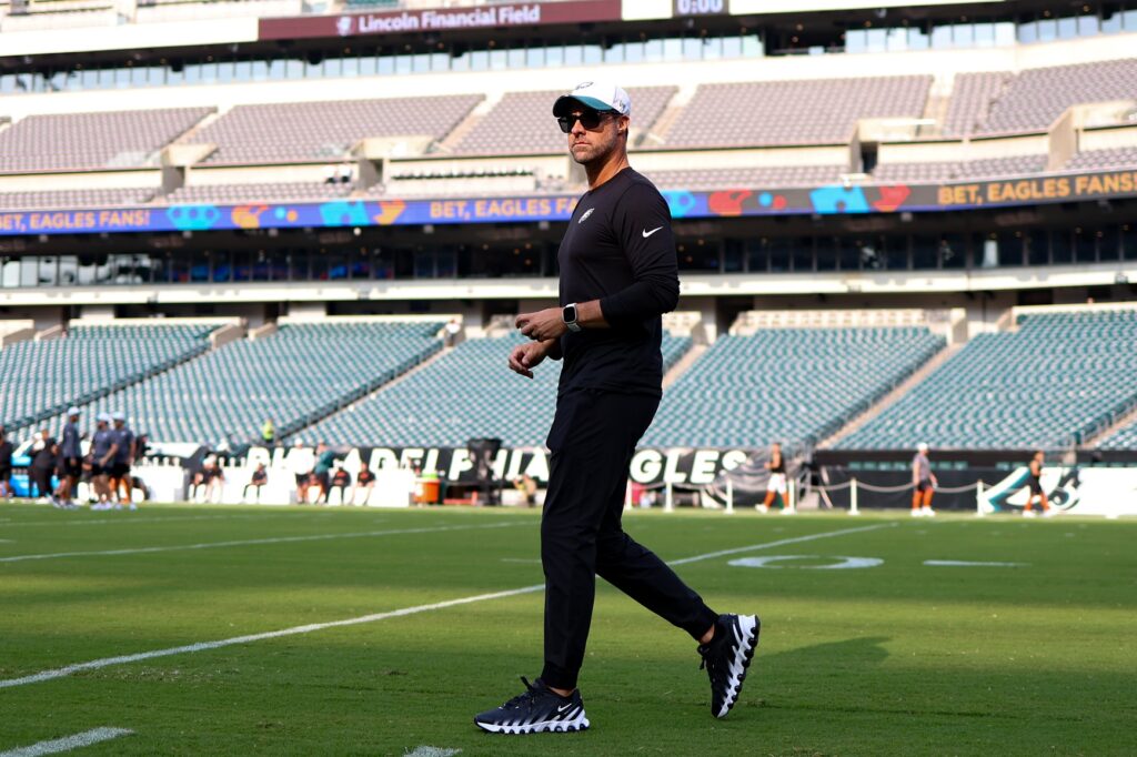 Aug 7, 2025; Philadelphia, Pennsylvania, USA; Philadelphia Eagles offensive coordinator Kevin Patullo before a game against the Cincinnati Bengals at Lincoln Financial Field.