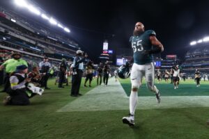 Sep 4, 2025; Philadelphia, Pennsylvania, USA; Philadelphia Eagles offensive tackle Lane Johnson (65) runs off the field after the game against the Dallas Cowboys at Lincoln Financial Field.