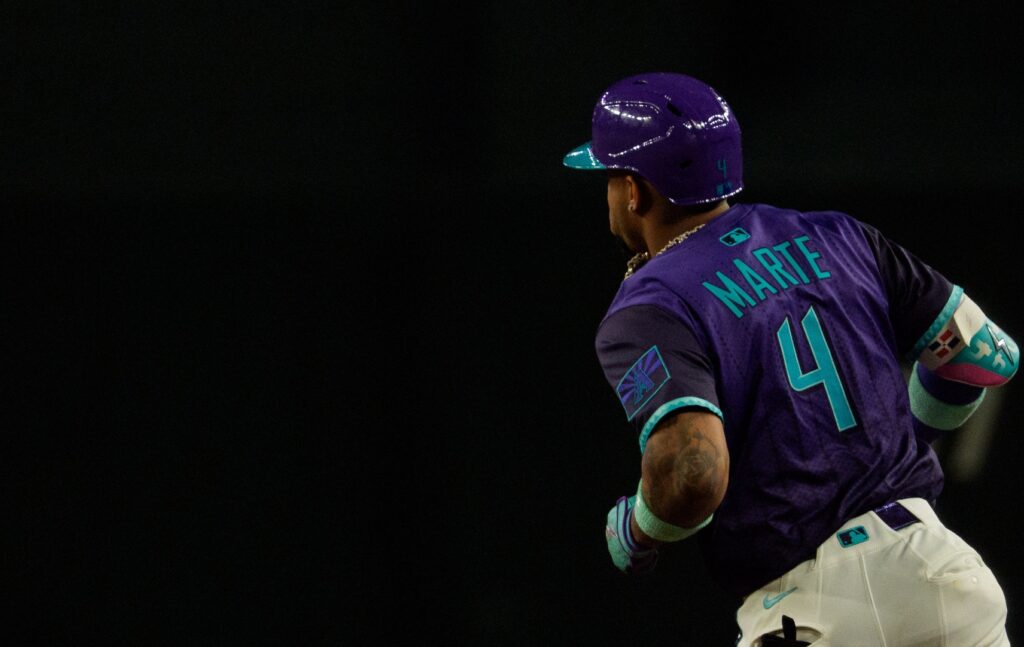 Sep 19, 2025; Phoenix, Arizona, USA; Arizona Diamondbacks infielder Ketel Marte (4) after hitting a home run in the first inning against the Philadelphia Phillies at Chase Field.