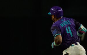 Sep 19, 2025; Phoenix, Arizona, USA; Arizona Diamondbacks infielder Ketel Marte (4) after hitting a home run in the first inning against the Philadelphia Phillies at Chase Field.