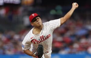 Sep 27, 2025; Philadelphia, Pennsylvania, USA; Philadelphia Phillies pitcher Ranger Suarez (55) throws a pitch against the Minnesota Twins during the second inning at Citizens Bank Park.