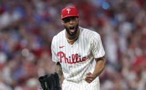Oct 4, 2025; Philadelphia, Pennsylvania, USA; Philadelphia Phillies pitcher Cristopher Sanchez (61) reacts after striking out Los Angeles Dodgers two-way player Shohei Ohtani (not pictured) in the fifth inning during game one of the NLDS round for the 2025 MLB playoffs at Citizens Bank Park.