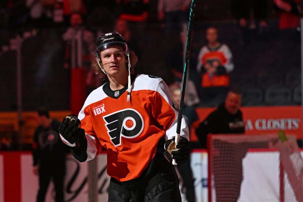 Oct 13, 2025; Philadelphia, Pennsylvania, USA; Philadelphia Flyers center Trevor Zegras (46) acknowledges the crowd after win against the Florida Panthers at Wells Fargo Center.