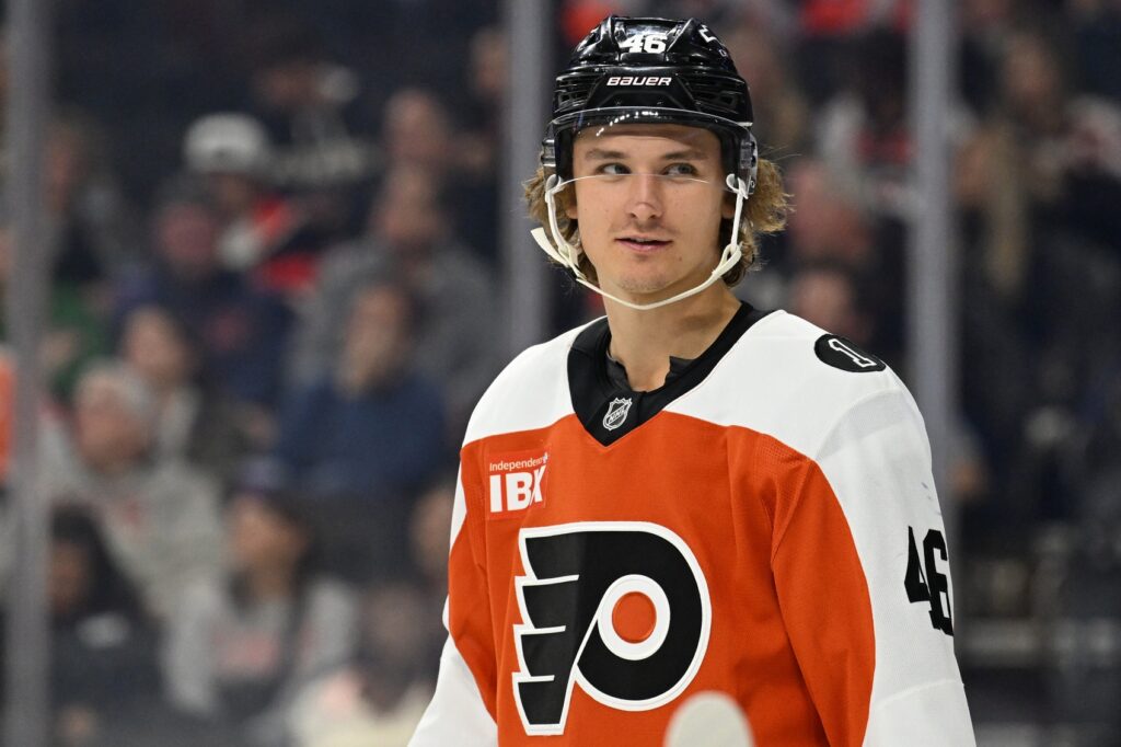 Oct 18, 2025; Philadelphia, Pennsylvania, USA; Philadelphia Flyers center Trevor Zegras (46) against the Minnesota Wild at Wells Fargo Center.