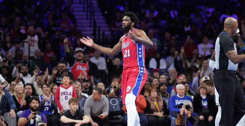 Oct 31, 2025; Philadelphia, Pennsylvania, USA; Philadelphia 76ers center Joel Embiid (21) reacts against the Boston Celtics in the first quarter at Xfinity Mobile Arena.