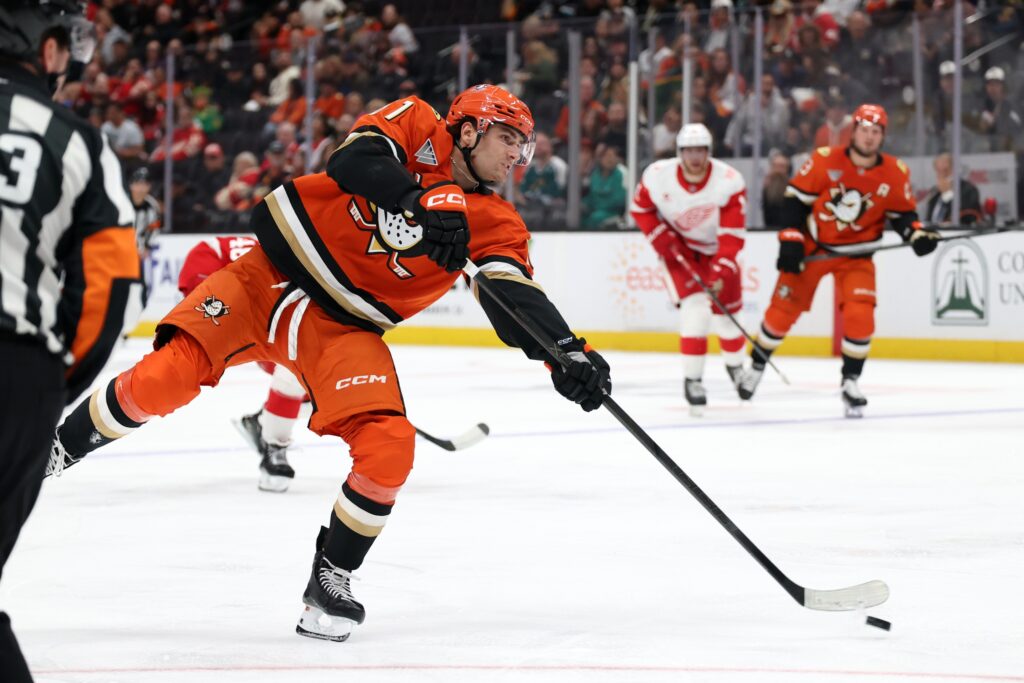 Oct 31, 2025; Anaheim, California, USA; Anaheim Ducks left wing Cutter Gauthier (61) shoots the puck during the second period against the Detroit Red Wings at Honda Center.