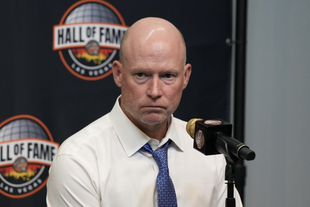 Nov 3, 2025; Las Vegas, Nevada, USA; Villanova Wildcats head coach Kevin Willard speaks during a press conference after the Hall of Fame Series game against the Villanova Wildcats at T-Mobile Arena.