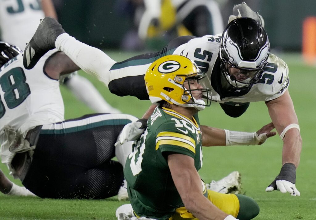Philadelphia Eagles linebacker Jaelan Phillips (50) pressures Green Bay Packers quarterback Jordan Love (10) during the fourth quarter of their game Monday, November 10, 2025 at Lambeau Field in Green Bay, Wisconsin.