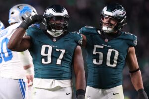Nov 16, 2025; Philadelphia, Pennsylvania, USA; Philadelphia Eagles defensive tackle Moro Ojomo (97) reacts against the Detroit Lions during the second half at Lincoln Financial Field. Mandatory Credit: