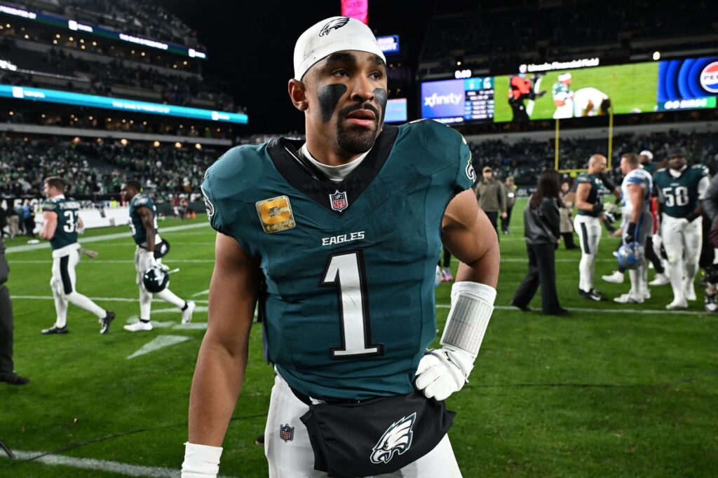Nov 16, 2025; Philadelphia, Pennsylvania, USA; Philadelphia Eagles quarterback Jalen Hurts (1) reacts after the game against the Detroit Lions at Lincoln Financial Field.