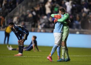 Nov 23, 2025; Chester, Pennsylvania, USA; New York City goalkeeper Matt Freese (49) reacts after defeating the Philadelphia Union at Subaru Park.