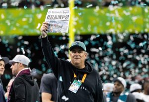 Feb 9, 2025; New Orleans, LA, USA; Philadelphia Eagles defensive coordinator Vic Fangio celebrates after defeating the Kansas City Chiefs during Super Bowl LIX at Ceasars Superdome.