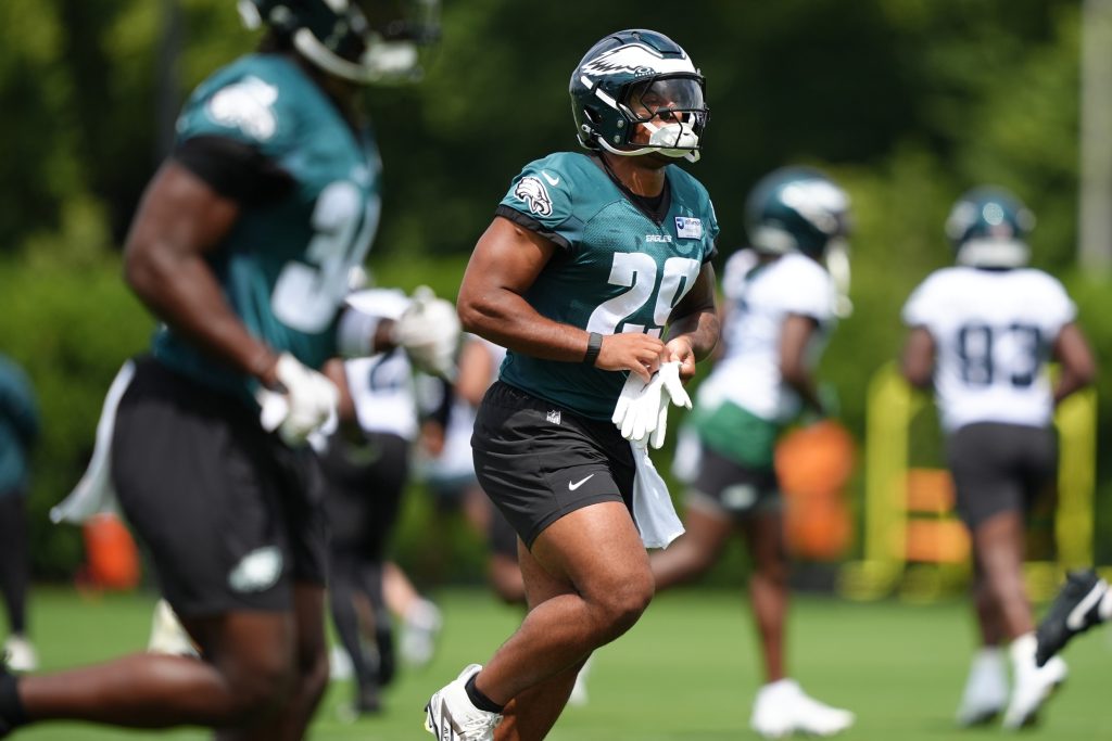 Jun 10, 2025; Philadelphia, PA, USA; Philadelphia Eagles running back A.J. Dillon (29) warms up at NovaCare Complex. Mandatory Credit: