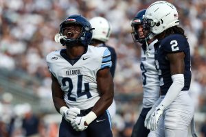 Sep 13, 2025; University Park, Pennsylvania, USA; Villanova Wildcats running back David Avit (24) reacts following a long run during the second quarter against the Penn State Nittany Lions at Beaver Stadium.