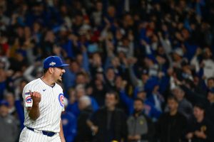 Oct 8, 2025; Chicago, Illinois, USA; Chicago Cubs pitcher Brad Keller (40) celebrates after defeating the Milwaukee Brewers in game three of the NLDS round for the 2025 MLB playoffs at Wrigley Field.
