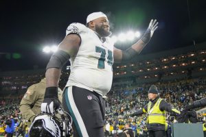 Nov 10, 2025; Green Bay, Wisconsin, USA; Philadelphia Eagles offensive tackle Fred Johnson (74) waves to the crowd following the game against the Green Bay Packers at Lambeau Field.