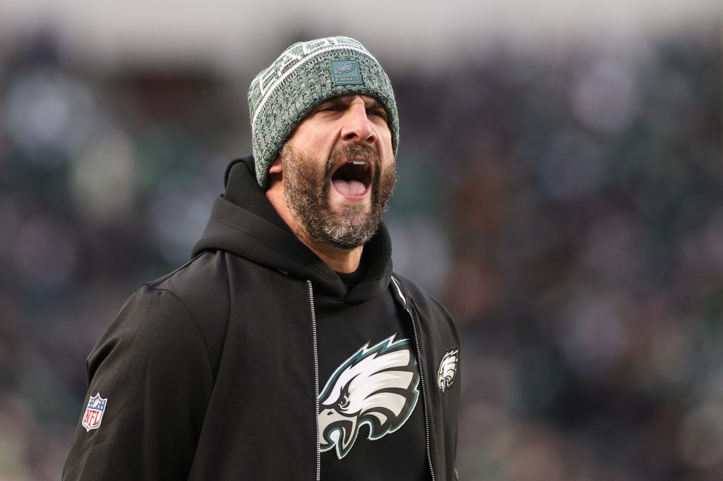Nov 28, 2025; Philadelphia, Pennsylvania, USA; Philadelphia Eagles head coach Nick Sirianni reacts during the second quarter of the game against the Chicago Bears at Lincoln Financial Field.