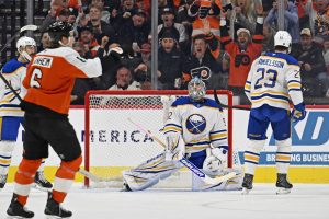 Dec 3, 2025; Philadelphia, Pennsylvania, USA; Buffalo Sabres goaltender Colten Ellis (92) reacts after allowing goal during the first period against the Philadelphia Flyers at Xfinity Mobile Arena.